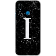 Huawei P20 Lite Kılıf Hd Desen Baskılı Arka Kapak + Esnek Nano Cam - Siyah Mermer Desenli I Harfi