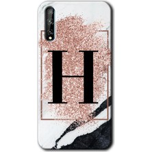 Gramaphone Huawei P Smart S Kılıf Hd Desen Baskılı Arka Kapak + Esnek Nano Cam - Pembe Mermer Desenli H Harfi