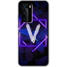 Gramaphone Huawei P40 Pro Kılıf Hd Desen Baskılı Arka Kapak + Esnek Nano Cam - Dark Neon Yaprak V Harfi