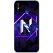 Gramaphone Honor 8x Kılıf Hd Desen Baskılı Arka Kapak + Esnek Nano Cam - Dark Neon Yaprak N Harfi