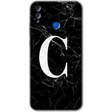 Gramaphone Honor 8x Kılıf Hd Desen Baskılı Arka Kapak + Esnek Nano Cam - Siyah Mermer Desenli C Harfi