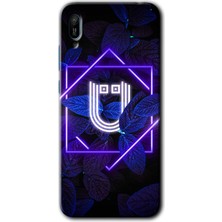Gramaphone Huawei Y6 2019 Kılıf Hd Desen Baskılı Arka Kapak + Kırılmaz Cam - Dark Neon Yaprak Ü Harfi