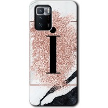 Gramaphone Poco X3 Gt Kılıf Hd Desen Baskılı Arka Kapak + Kırılmaz Cam - Pembe Mermer Desenli I Harfi