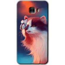 Gramaphone Galaxy C7 Pro Kılıf Hd Desen Baskılı Arka Kapak + Kırılmaz Cam - Cat Butterfly