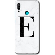 Gramaphone Huawei P Smart 2019 Kılıf Hd Desen Baskılı Arka Kapak + Esnek Nano Cam - Beyaz Mermer Desenli E Harfi