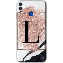 Gramaphone Honor 8x Kılıf Hd Desen Baskılı Arka Kapak + Esnek Nano Cam - Pembe Mermer Desenli L Harfi