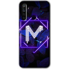Gramaphone Realme 5i Kılıf Hd Desen Baskılı Arka Kapak + Kırılmaz Cam - Dark Neon Yaprak M Harfi