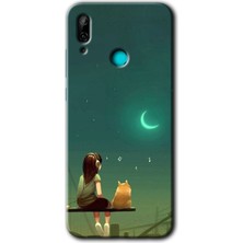 Gramaphone Huawei P Smart 2019 Kılıf Hd Desen Baskılı Arka Kapak + Kırılmaz Cam - Kedili Kız