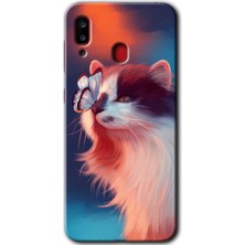 Gramaphone Galaxy A20 Kılıf Hd Desen Baskılı Arka Kapak + Esnek Nano Cam - Cat Butterfly
