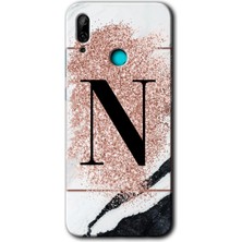Gramaphone Huawei P Smart 2019 Kılıf Hd Desen Baskılı Arka Kapak + Kırılmaz Cam - Pembe Mermer Desenli N Harfi