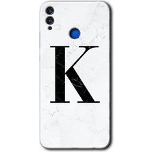 Gramaphone Honor 8x Kılıf Hd Desen Baskılı Arka Kapak + Kırılmaz Cam - Beyaz Mermer Desenli K Harfi