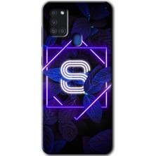 Gramaphone Galaxy A21S Kılıf Hd Desen Baskılı Arka Kapak + Esnek Nano Cam - Dark Neon Yaprak S Harfi