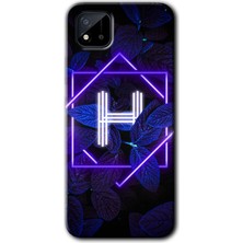 Realme C11 Kılıf Hd Desen Baskılı Arka Kapak + Esnek Nano Cam - Dark Neon Yaprak H Harfi