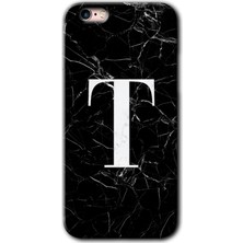 iPhone 6s Kılıf Hd Desen Baskılı Arka Kapak + Kırılmaz Cam - Siyah Mermer Desenli T Harfi