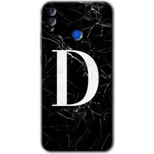 Honor 8x Kılıf Hd Desen Baskılı Arka Kapak + Esnek Nano Cam - Siyah Mermer Desenli D Harfi