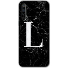 Realme 5i Kılıf Hd Desen Baskılı Arka Kapak - Siyah Mermer Desenli L Harfi