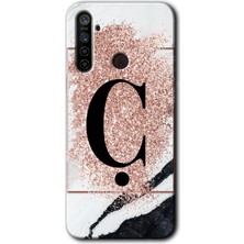 Realme 5i Kılıf Hd Desen Baskılı Arka Kapak - Pembe Mermer Desenli Ç Harfi