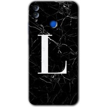 Gramaphone Honor 8x Kılıf Hd Desen Baskılı Arka Kapak + Kırılmaz Cam - Siyah Mermer Desenli L Harfi
