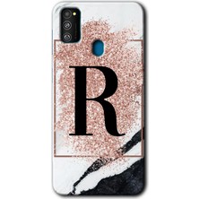 Galaxy M30S Kılıf Hd Desen Baskılı Arka Kapak - Pembe Mermer Desenli R Harfi