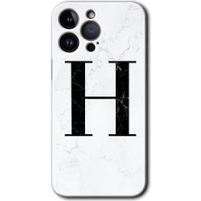 iPhone 14 Pro Max Kılıf Hd Desen Baskılı Arka Kapak + Kırılmaz Cam - Beyaz Mermer Desenli H Harfi
