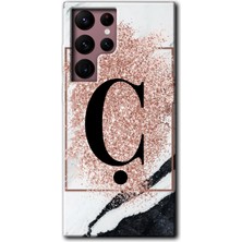 Galaxy S22 Ultra Kılıf Hd Desen Baskılı Arka Kapak - Pembe Mermer Desenli Ç Harfi