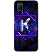 Oppo A52 Kılıf Hd Desen Baskılı Arka Kapak + Kırılmaz Cam - Dark Neon Yaprak K Harfi