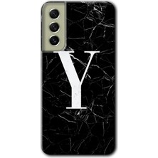 Galaxy S21 Fe Kılıf Hd Desen Baskılı Arka Kapak + Kırılmaz Cam - Siyah Mermer Desenli Y Harfi