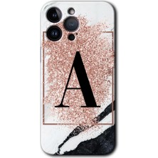 iPhone 14 Pro Max Kılıf Hd Desen Baskılı Arka Kapak + Kırılmaz Cam - Pembe Mermer Desenli A Harfi