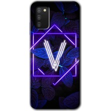 Galaxy A02S Kılıf Hd Desen Baskılı Arka Kapak + Esnek Nano Cam - Dark Neon Yaprak V Harfi