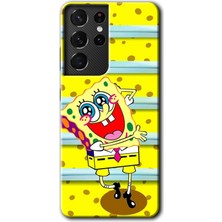 Gramaphone Galaxy S21 Ultra Kılıf Hd Desen Baskılı Arka Kapak + Kırılmaz Cam - Aşık Sünger Bob