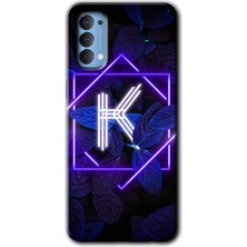 Oppo Reno 4 Kılıf Hd Desen Baskılı Arka Kapak - Dark Neon Yaprak K Harfi