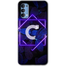 Oppo Reno 4 Kılıf Hd Desen Baskılı Arka Kapak - Dark Neon Yaprak C Harfi