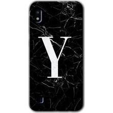 Galaxy A10 Kılıf Hd Desen Baskılı Arka Kapak + Esnek Nano Cam - Siyah Mermer Desenli Y Harfi