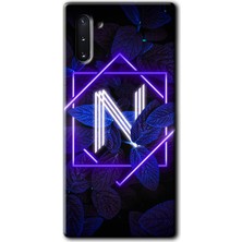 Gramaphone Galaxy Note 10 Kılıf Hd Desen Baskılı Arka Kapak + Esnek Nano Cam - Dark Neon Yaprak N Harfi