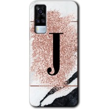 Gramaphone Vivo Y51A Kılıf Hd Desen Baskılı Arka Kapak + Kırılmaz Cam - Pembe Mermer Desenli J Harfi