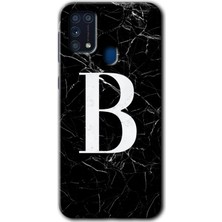 Gramaphone Galaxy M31 Kılıf Hd Desen Baskılı Arka Kapak + Esnek Nano Cam - Siyah Mermer Desenli B Harfi