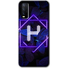 Gramaphone Vivo Y20S Kılıf Hd Desen Baskılı Arka Kapak + Esnek Nano Cam - Dark Neon Yaprak H Harfi