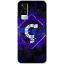 Vivo Y31 2021 Kılıf Hd Desen Baskılı Arka Kapak + Esnek Nano Cam - Dark Neon Yaprak Ç Harfi