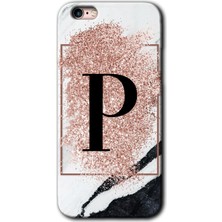 Gramaphone Apple iPhone 6s Kılıf Hd Desen Baskılı Arka Kapak + Kırılmaz Cam - Pembe Mermer Desenli P Harfi