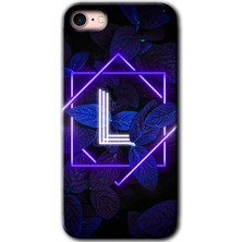 Gramaphone Apple iPhone 7 Kılıf Hd Desen Baskılı Arka Kapak + Esnek Nano Cam - Dark Neon Yaprak L Harfi