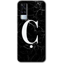 Vivo Y51 Kılıf Hd Desen Baskılı Arka Kapak + Esnek Nano Cam - Siyah Mermer Desenli Ç Harfi