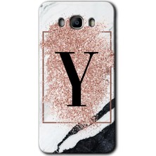 Gramaphone Galaxy J7 2016 Kılıf Hd Desen Baskılı Arka Kapak + Kırılmaz Cam - Pembe Mermer Desenli Y Harfi