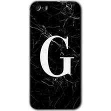 Gramaphone Apple iPhone 5s Kılıf Hd Desen Baskılı Arka Kapak + Esnek Nano Cam - Siyah Mermer Desenli G Harfi