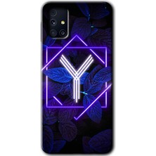 Gramaphone Galaxy M31S Kılıf Hd Desen Baskılı Arka Kapak + Esnek Nano Cam - Dark Neon Yaprak Y Harfi