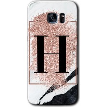 Gramaphone Galaxy S7 Edge Kılıf Hd Desen Baskılı Arka Kapak + Esnek Nano Cam - Pembe Mermer Desenli H Harfi