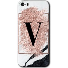 Gramaphone Apple iPhone 5s Kılıf Hd Desen Baskılı Arka Kapak + Esnek Nano Cam - Pembe Mermer Desenli V Harfi