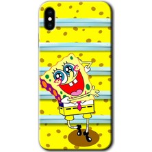 Gramaphone Apple iPhone x Kılıf Hd Desen Baskılı Arka Kapak + Kırılmaz Cam - Aşık Sünger Bob