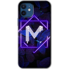 Gramaphone Apple iPhone 12 Kılıf Hd Desen Baskılı Arka Kapak + Esnek Nano Cam - Dark Neon Yaprak M Harfi
