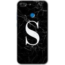 Honor 9 Lite Kılıf Hd Desen Baskılı Arka Kapak + Esnek Nano Cam - Siyah Mermer Desenli S Harfi