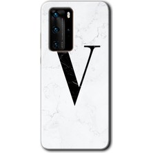 Huawei P40 Pro Kılıf Hd Desen Baskılı Arka Kapak + Kırılmaz Cam - Beyaz Mermer Desenli V Harfi